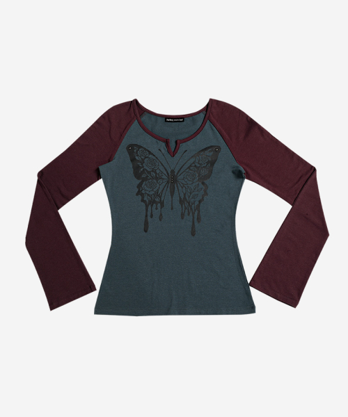 ROSE BUTTERFLY RAGLAN T-SHIRT #WINE BLUE