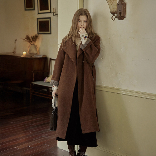PM_Plaid cuffs belted coat