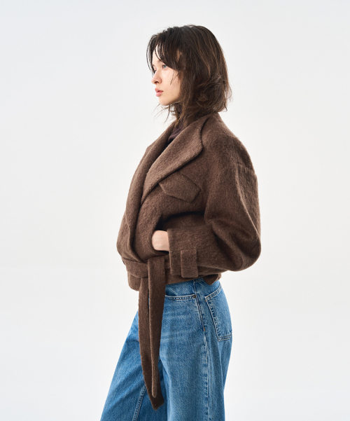 Пальто альпака-шерсть на поясе, объёмный крой, SHORT BROWN