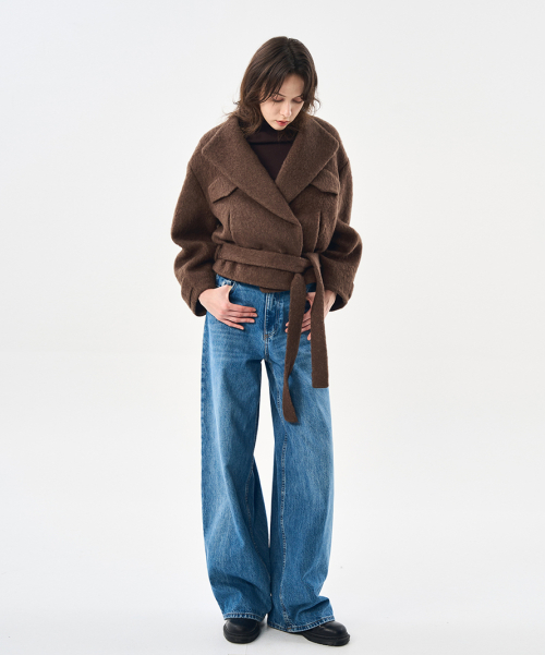Пальто альпака-шерсть на поясе, объёмный крой, SHORT BROWN