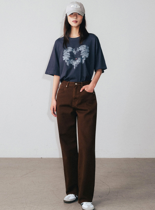 Color Wide Denim Pants Dark Brown