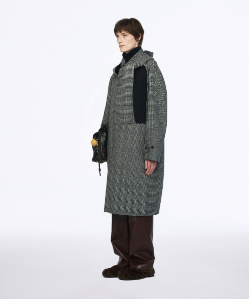 GLEN CHECK HOOD MUFFLER HAND MADE COAT GREY