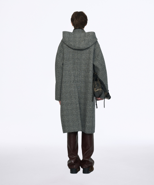 GLEN CHECK HOOD MUFFLER HAND MADE COAT GREY