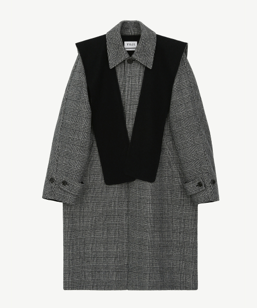 GLEN CHECK HOOD MUFFLER HAND MADE COAT GREY