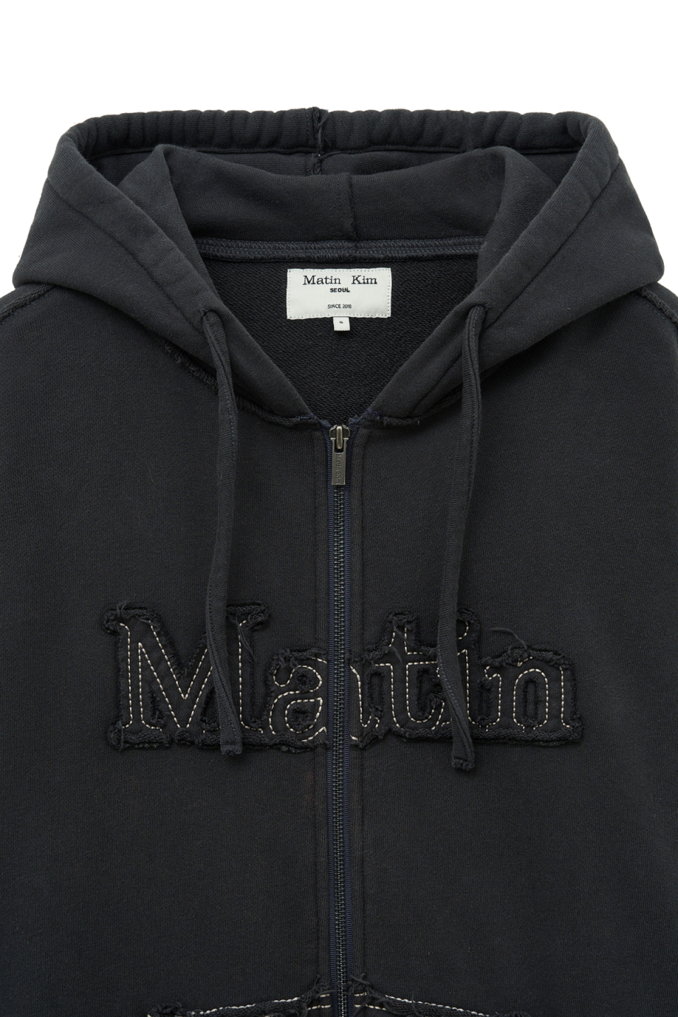 MUSINSA公式 | MATIN KIM RAW CUT APPLIQUE HOODY ZIP UP IN CHARCOAL
