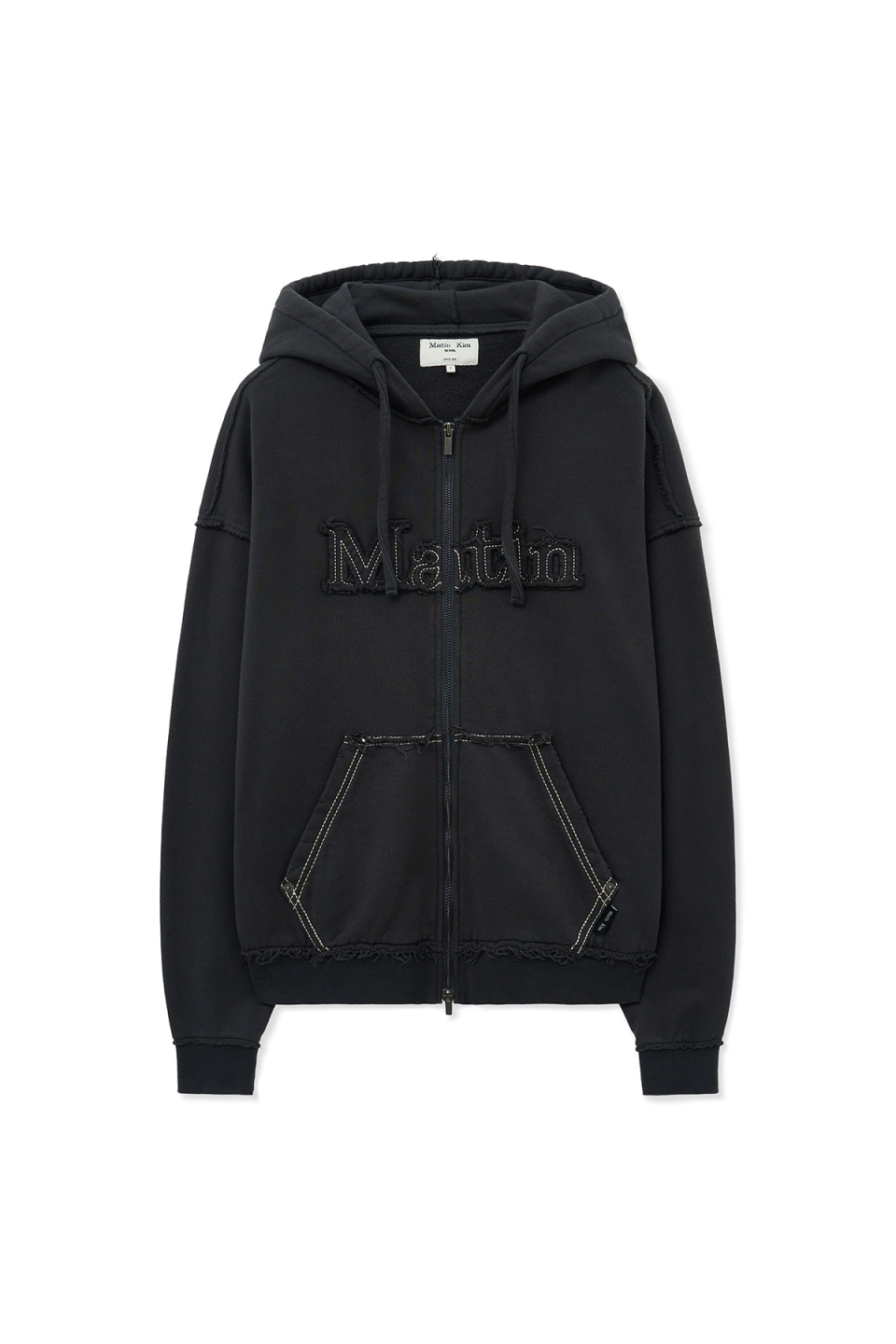 MUSINSA公式 | MATIN KIM RAW CUT APPLIQUE HOODY ZIP UP IN CHARCOAL