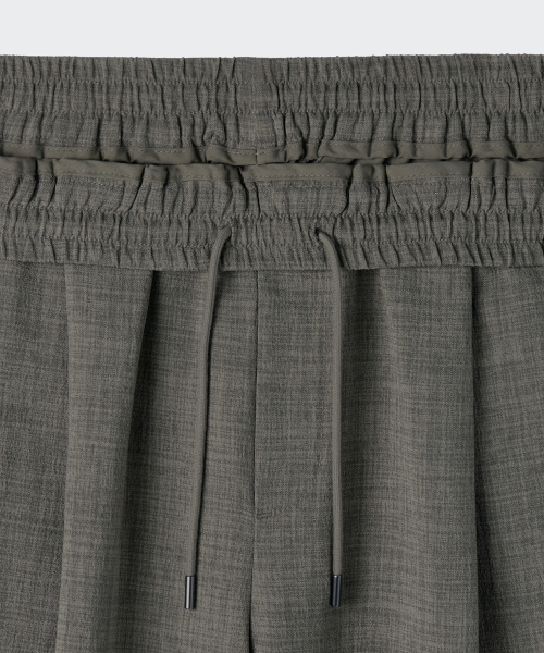 CRINKLE LINEN LIKE WIDE ELASTIC PANTS [KHAKI GREY]