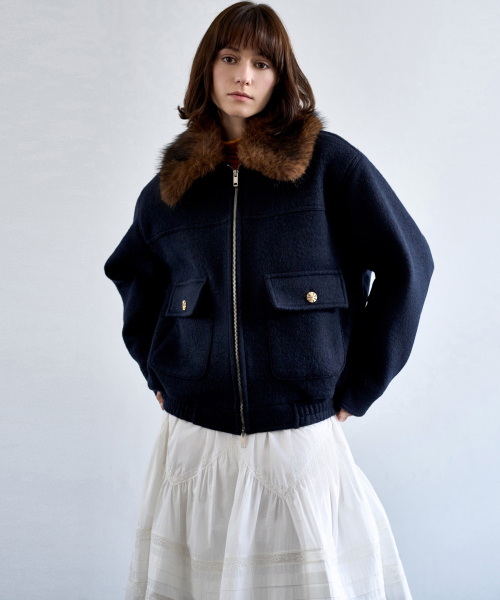 FUR COLLOR WOOL JACKET_NAVY