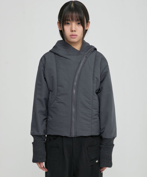 Hooded Asymmetrical Puffer Jacket (FL-053_Charcoal)
