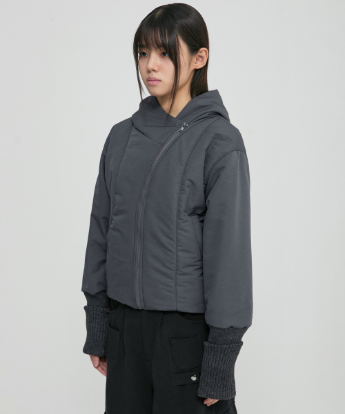 Hooded Asymmetrical Puffer Jacket (FL-053_Charcoal)