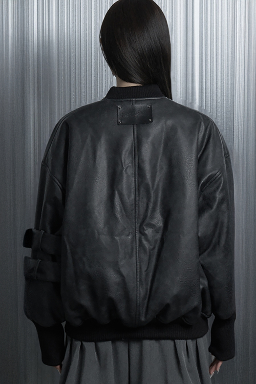 Leather Classic Side Belt Bomber Jacket (Black)