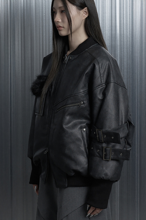 Leather Classic Side Belt Bomber Jacket (Black)