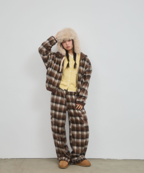 CHECK FRILL POCKET PANTS_BROWN
