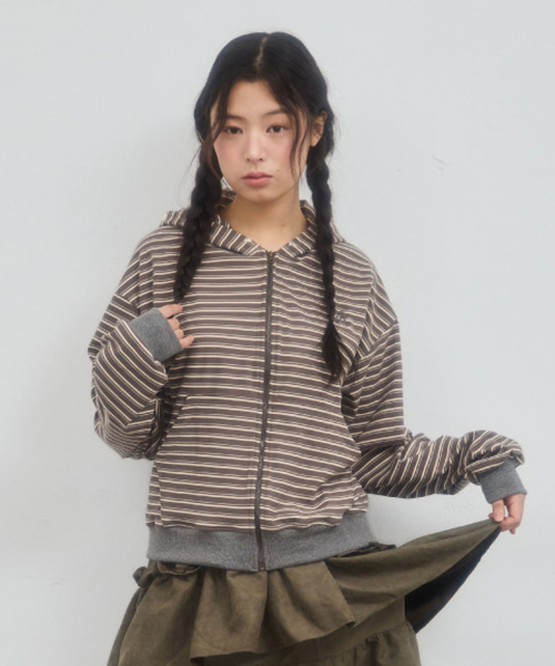 DOUBLE STRIPE HOOD ZIP-UP_GREY