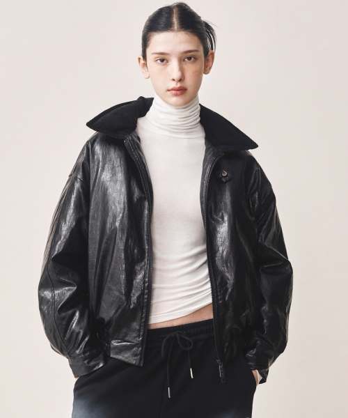 CRINKLE FAUX LEATHER PADDING_BLACK