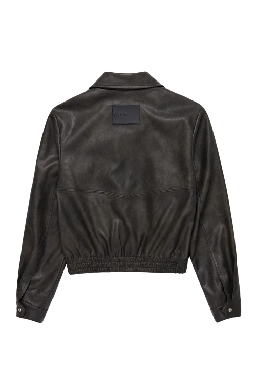 Slim Fit Crop Leather Jacket, DARK BROWN