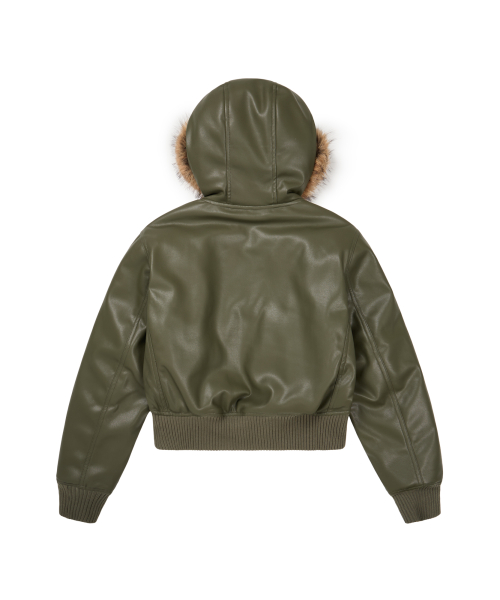 Hooded Fur Leather Jacket (Khaki)