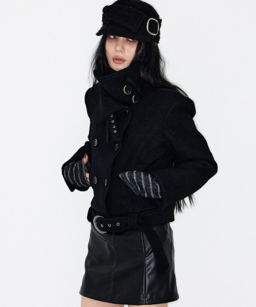Double Belted High-Neck Coat (BLACK)