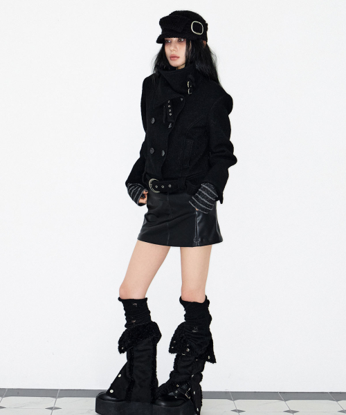 Double Belted High-Neck Coat (BLACK)