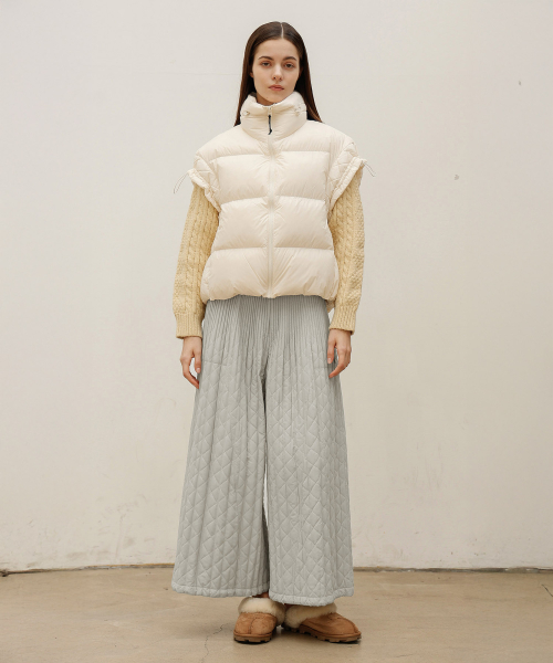 Стеганые плиссированные широкие брюки на завязках_Light Khaki