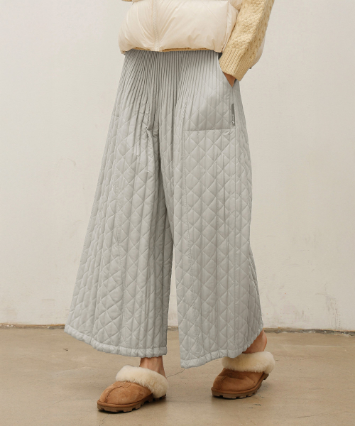 Стеганые плиссированные широкие брюки на завязках_Light Khaki