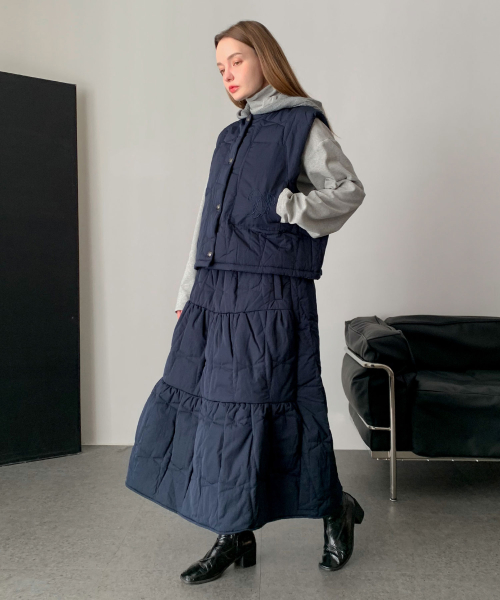 [SET] подстеганный Hooded жилет+длинный юбка Set-up