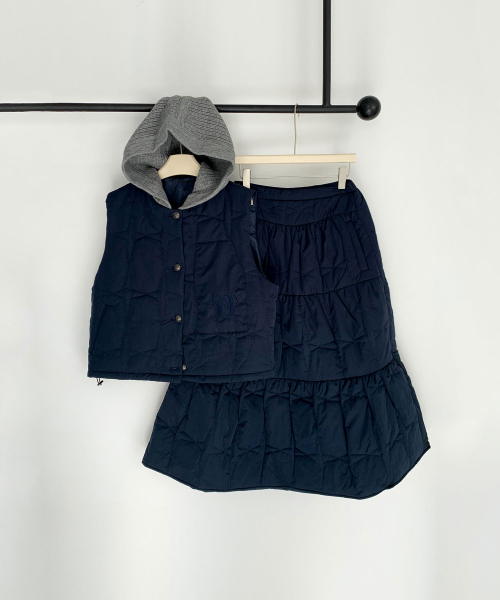 [SET] подстеганный Hooded жилет+длинный юбка Set-up