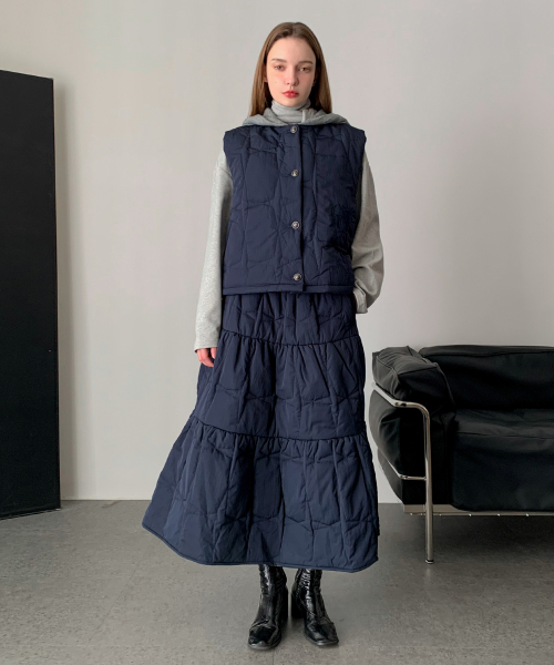 [SET] подстеганный Hooded жилет+длинный юбка Set-up