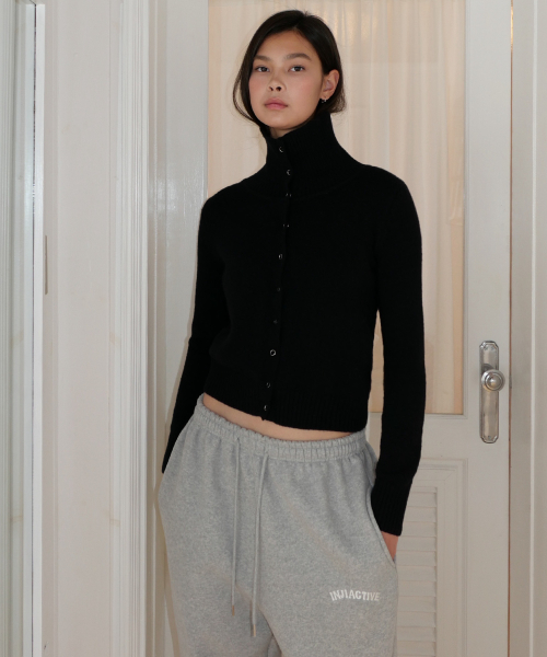 Snap Button High-Neck Cardigan Black