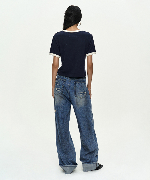OIL WASHED ROLLED UP JEANS apa889w(BLUE)