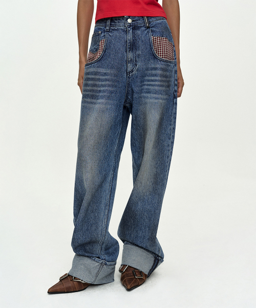 OIL WASHED ROLLED UP JEANS apa889w(BLUE)
