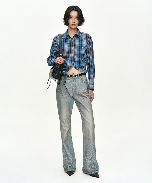 LEOPARD FADE DENIM PRINTED BOOTSCUT JEANS apa882w(BLUE)