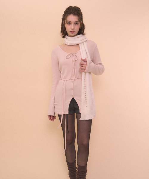 STRAP LONG SLEEVE CARDIGAN-CREAM PINK