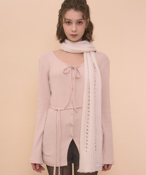 STRAP LONG SLEEVE CARDIGAN-CREAM PINK