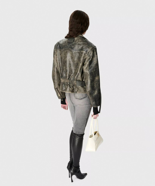 (U) Leather Jacket Gray VINTAGE MOON LEATHER BIKER JACKET GR71 AGED GREY