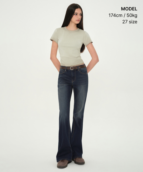 WOMENS LOW-RISE SLIM FLARE DENIM PANTS [DARK BLUE]