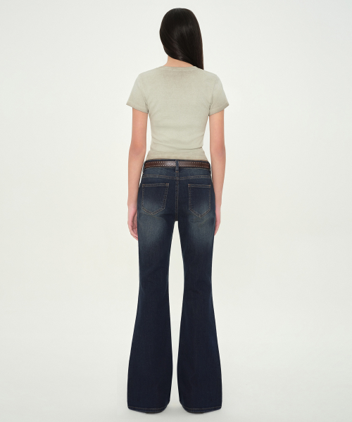 WOMENS LOW-RISE SLIM FLARE DENIM PANTS [DARK BLUE]