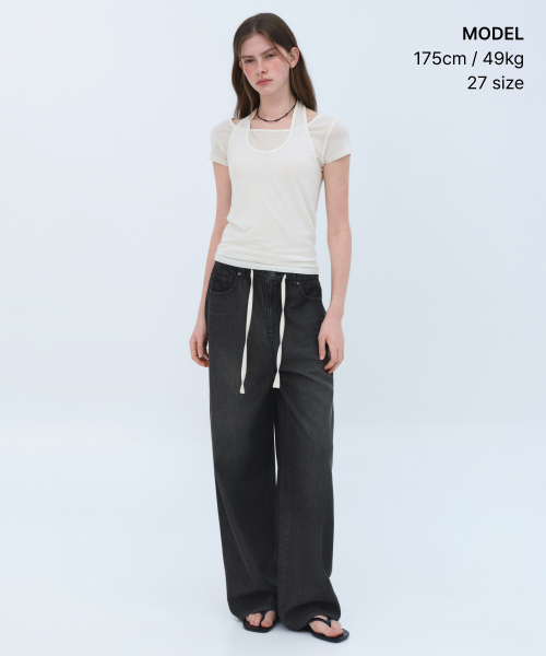 Wide Denim Pants [Washed Black]