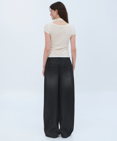 Wide Denim Pants [Washed Black]
