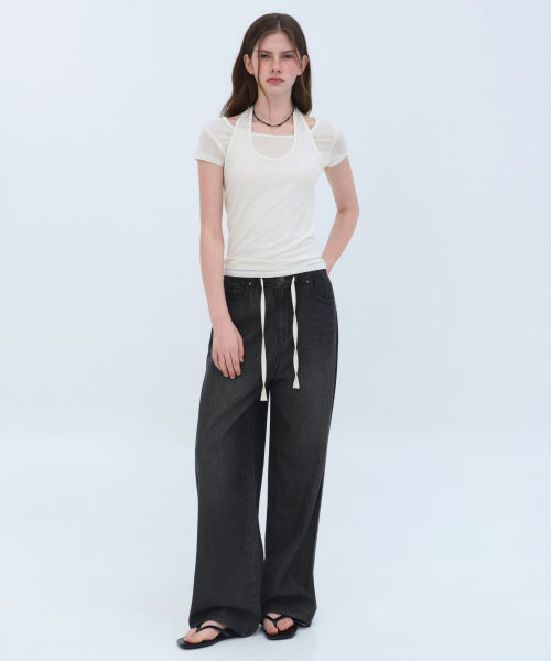 Wide Denim Pants [Washed Black]