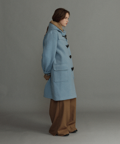 WOMENS CLASSIC FIT DUFFLE COAT WITH HORN - BABY BLUE