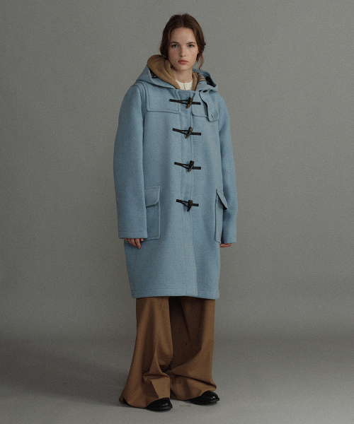 WOMENS CLASSIC FIT DUFFLE COAT WITH HORN - BABY BLUE
