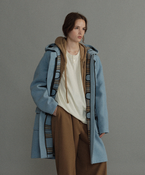 WOMENS CLASSIC FIT DUFFLE COAT WITH HORN - BABY BLUE