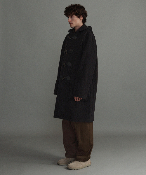 CLASSIC HERRINGBONE DUFFLE COAT WITH HORN - BLACK
