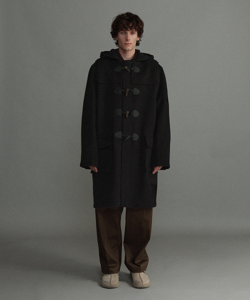 CLASSIC HERRINGBONE DUFFLE COAT WITH HORN - BLACK