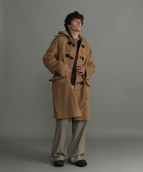 CLASSIC HERRINGBONE DUFFLE COAT WITH HORN - CAMEL