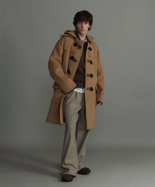 CLASSIC HERRINGBONE DUFFLE COAT WITH HORN - CAMEL