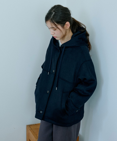 Wool Hood Half Coat_Navy