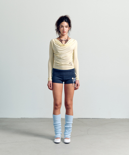 LAYERD BEADS COWL NECK T-SHIRT YELLOW