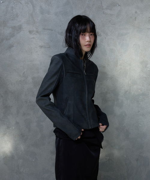 RIBBED SLEEVE LEATHER JACKET